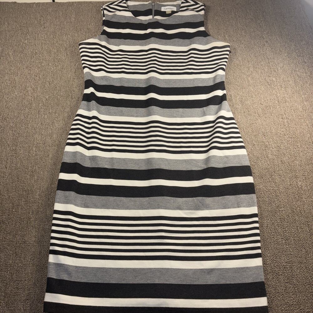 Calvin Klein Women's Black Gray White Stripe Sleeveless Sheath Dress Size 10